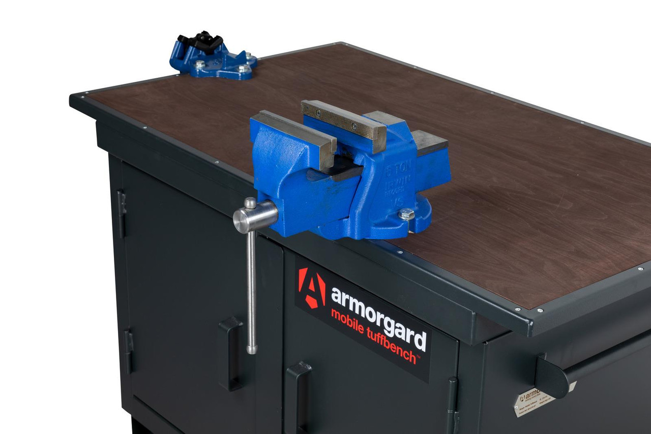 Armorgard BH1270-VF Mobile Tuffbench, wooden top, 4" Chain Vice and 6" Engineers Vice