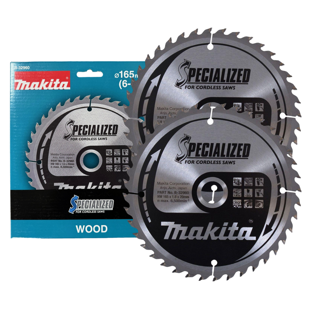 2 X Makita B-32960 Specialized Circular Saw Blade 165mm X 20 x 40T for Cordless Saws