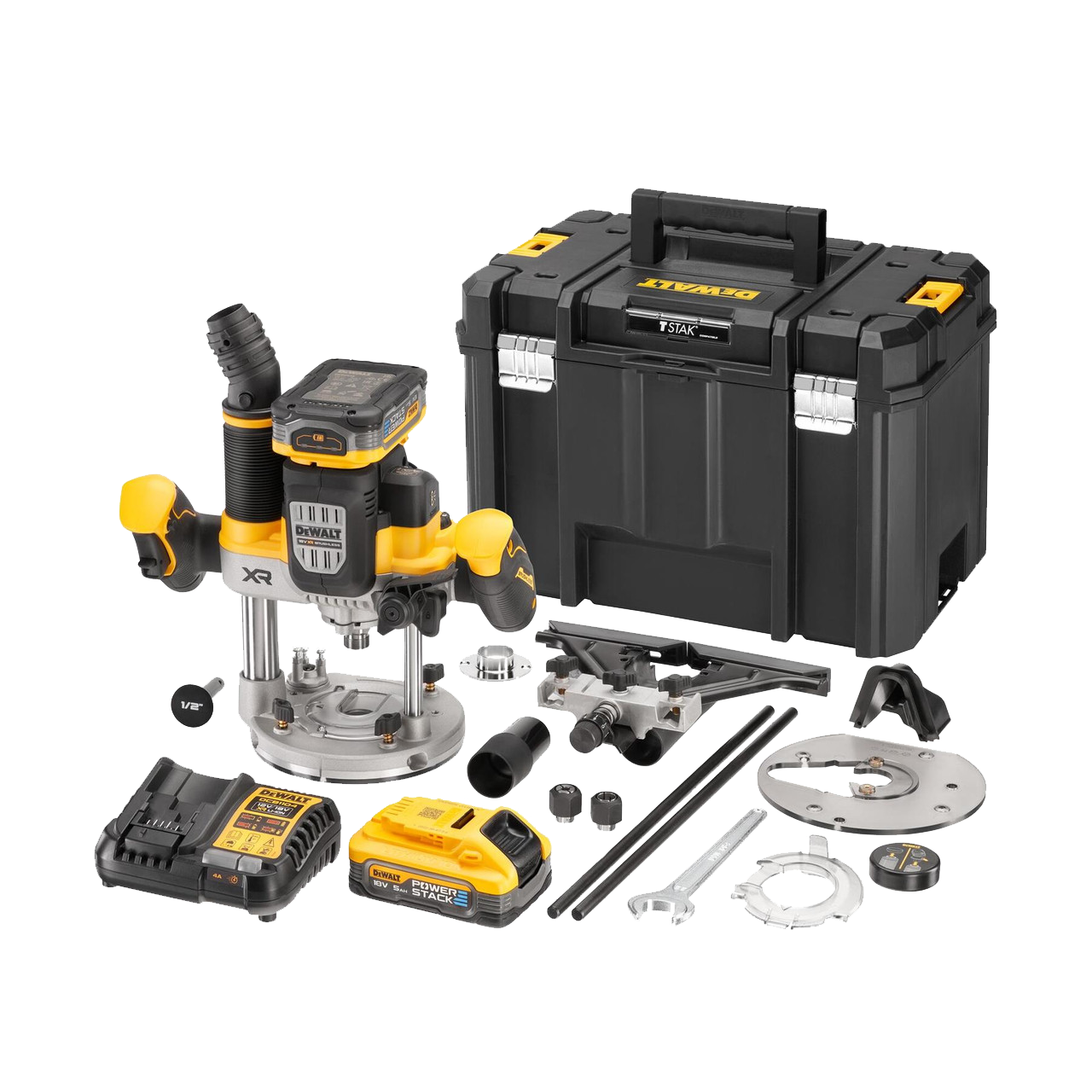 Dewalt DCW620H2-GB 18V XR Brushless 1/2" Plunge Router 2x 5.0Ah Powerstack Batteries, Charger & TSTAK Case