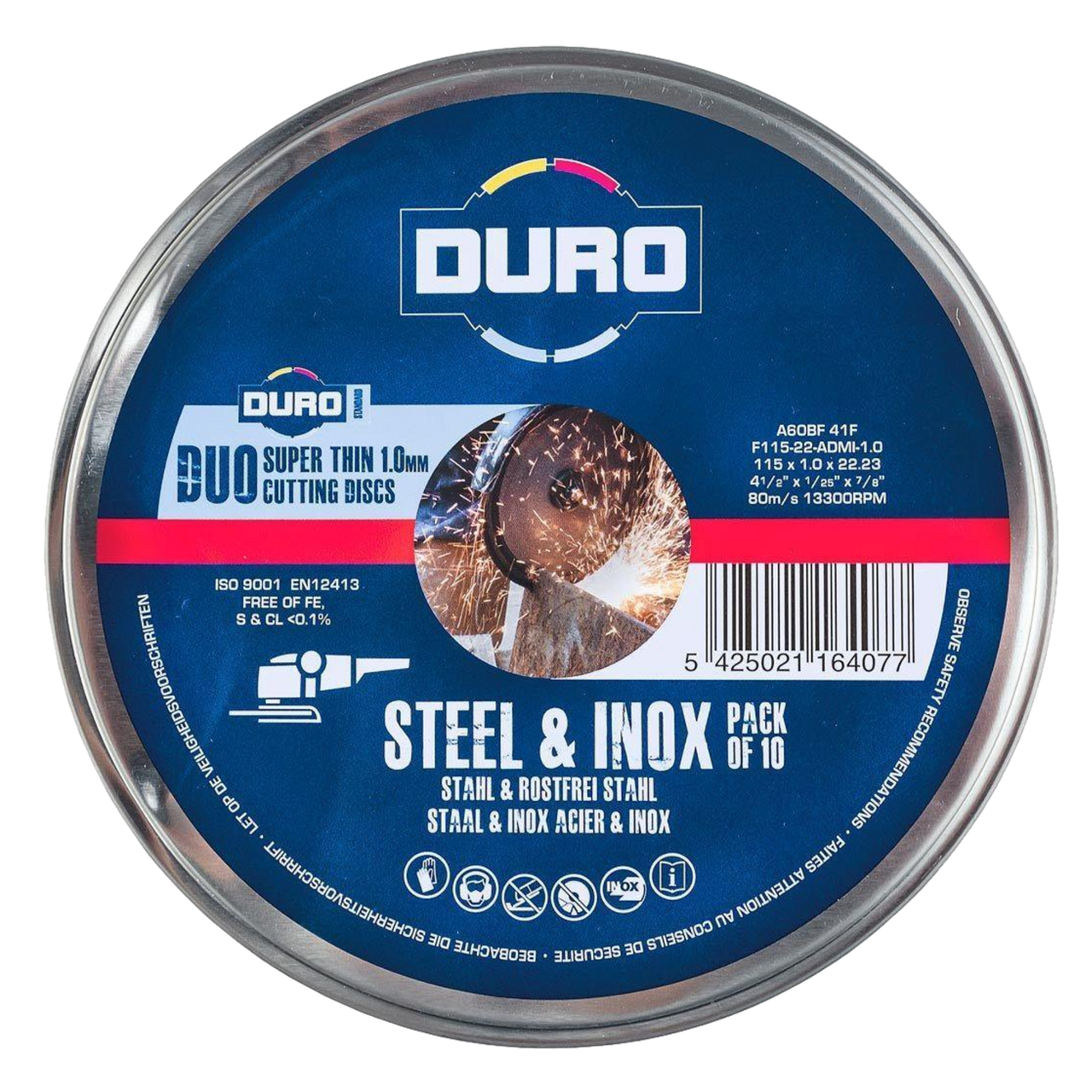DURO 115mm / 4½" x 1mm Steel & Inox Thin Cutting Slitting Disc x10 In Tin