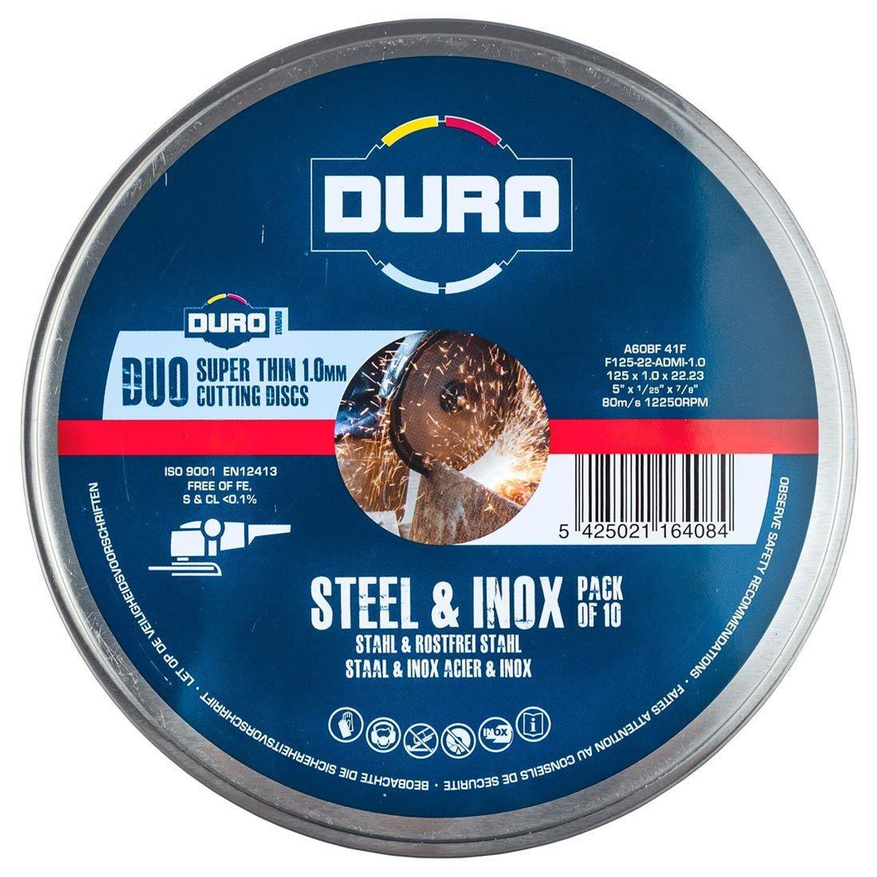 DURO 125mm / 5" x 1mm Steel & Inox Thin Cutting Slitting Disc x 10 In Tin