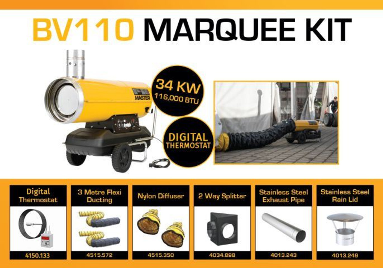 Master BV110DV 240 Volt Marquee Kit With 2 x 3 Meter Ducting, Digital Thermostat & Accessories BV110MKP13D