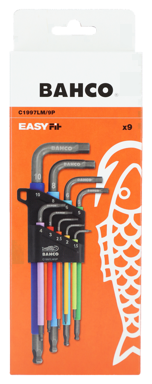 Bahco C1997LM/9P Metric Long Ball End Coloured Hex L-Key Set, 9 Piece