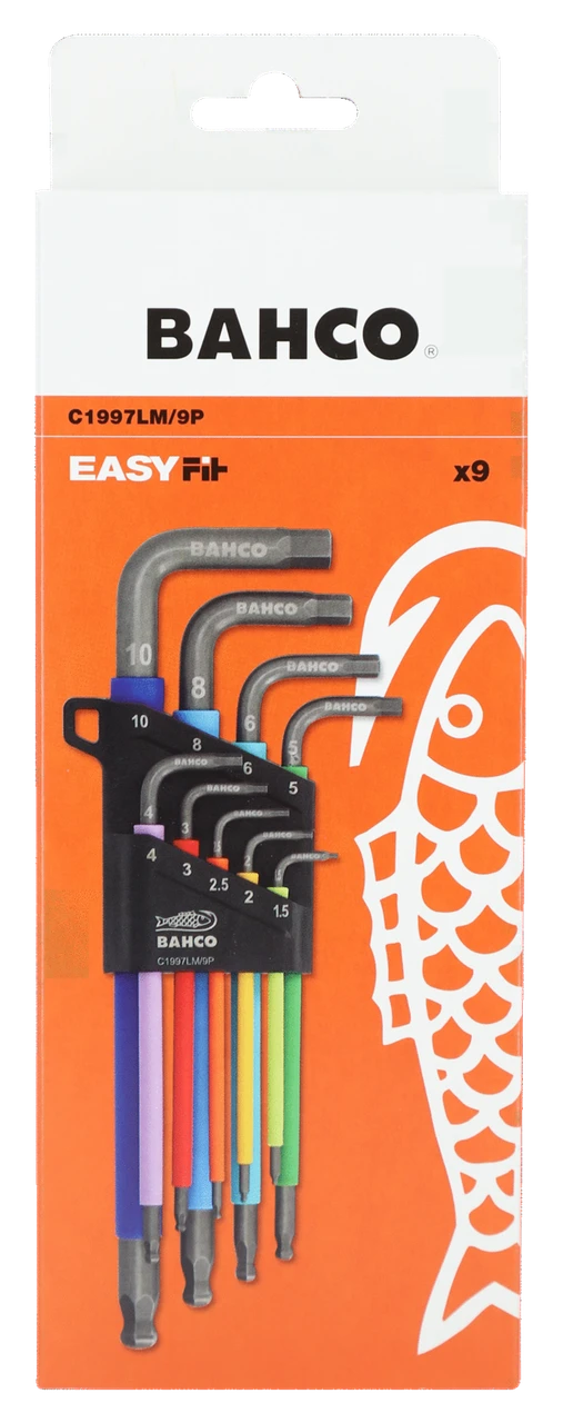 Bahco C1997LM/9P Metric Long Ball End Coloured Hex L-Key Set, 9 Piece