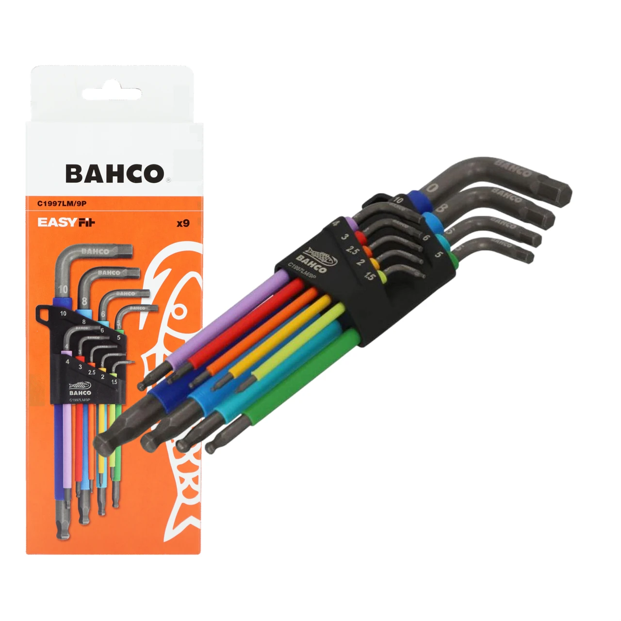 Bahco C1997LM/9P Metric Long Ball End Coloured Hex L-Key Set, 9 Piece