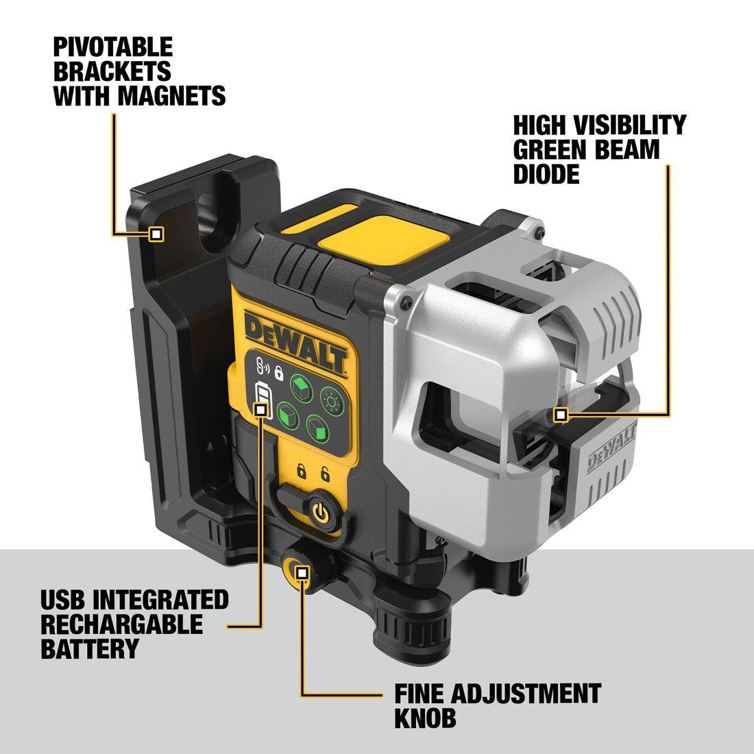 DeWalt DCLE14301GB-XJ USB 3x180° Green Beam Laser Level – Body Only with USB-C Cable