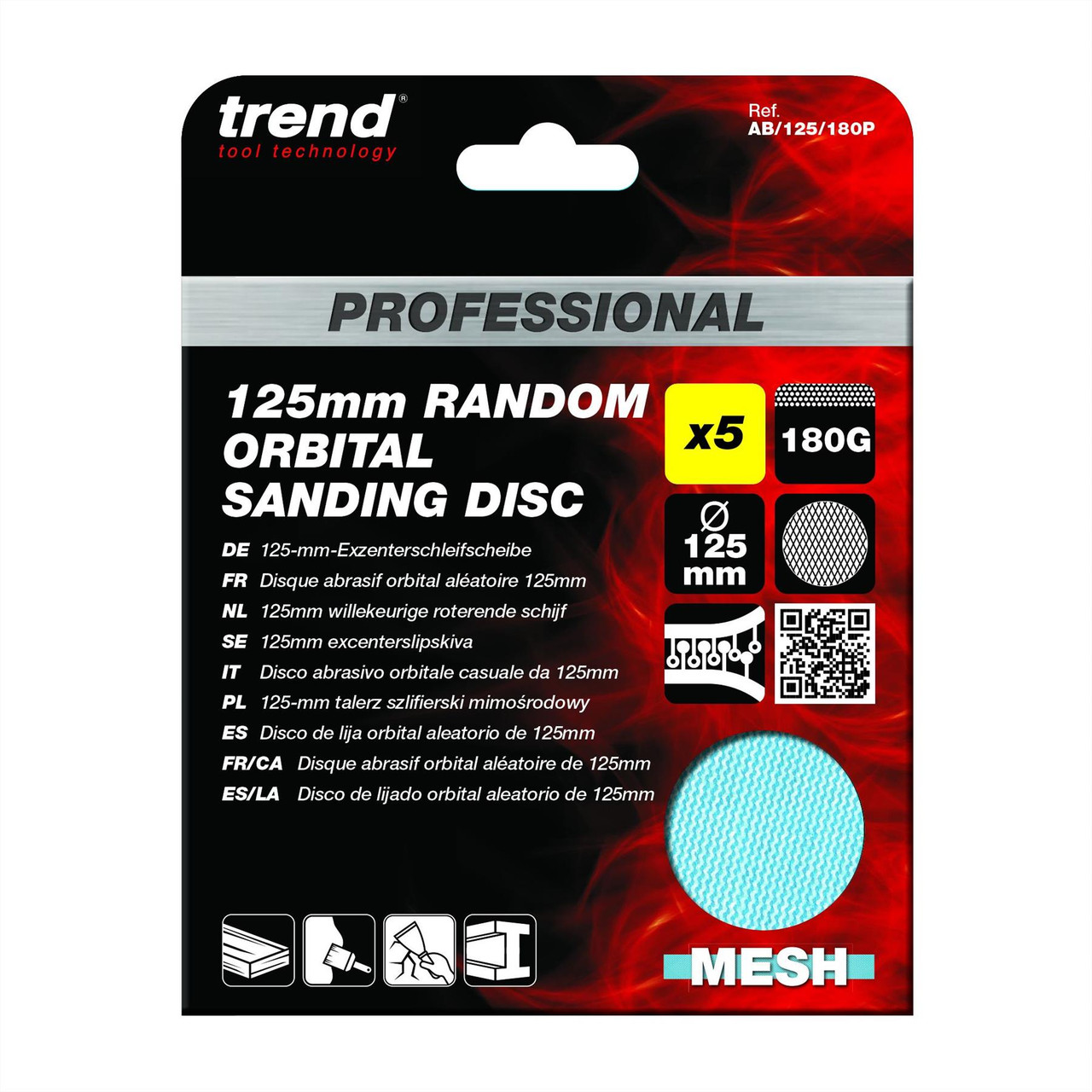 Trend AB/125/180P - 125mm 180G Pro Mesh Random Orbital Sanding Disc, 5 Pack