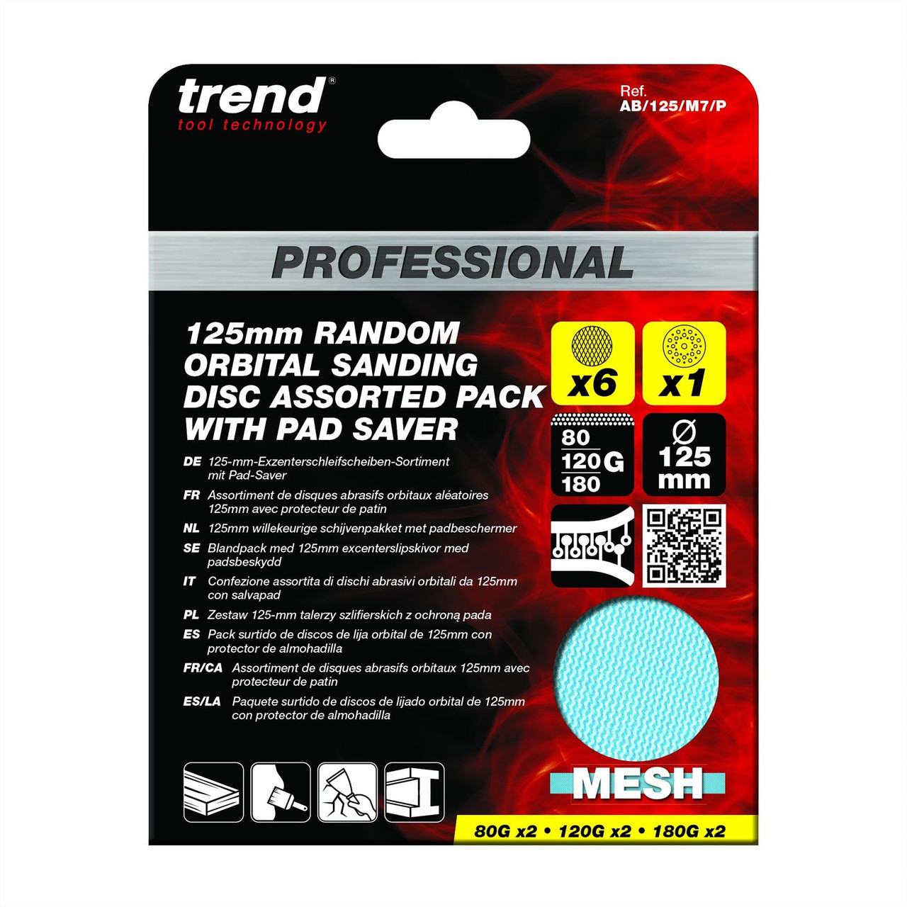 Trend AB/125/M7/P - 125mm 80G/120G/180G Pro Mesh Sanding Discs with Pad Saver, 7 Pack