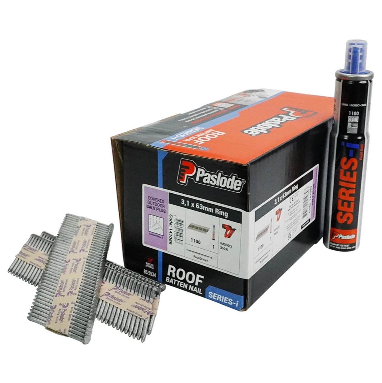 Paslode 141089 34° 63mm x 3.1mm Galvanised Plus Ring Nails – 1100 Pack + Gas (Roof Batten Framing Nails)