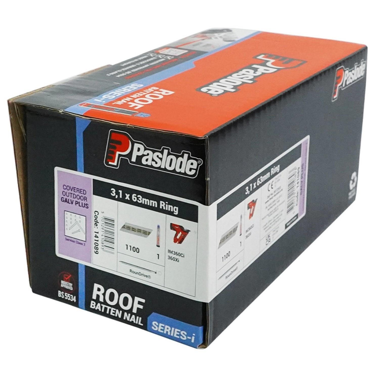 Paslode 141089 34° 63mm x 3.1mm Galvanised Plus Ring Nails – 1100 Pack + Gas (Roof Batten Framing Nails)