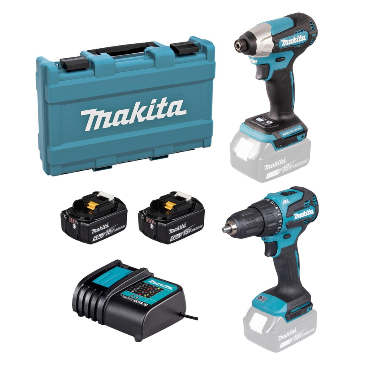 Makita DLX2537ST 18V LXT Brushless Combo Kit DHP490 Combi Drill & DTD157 Impact Driver with 2x 5.0ah Batteries