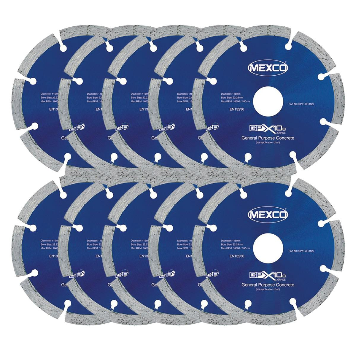 Mexco GPX10811522 115MM 22.23MM Bore (8MM Segment Height) Concrete X10 Grade Diamond Blade - 10 blades