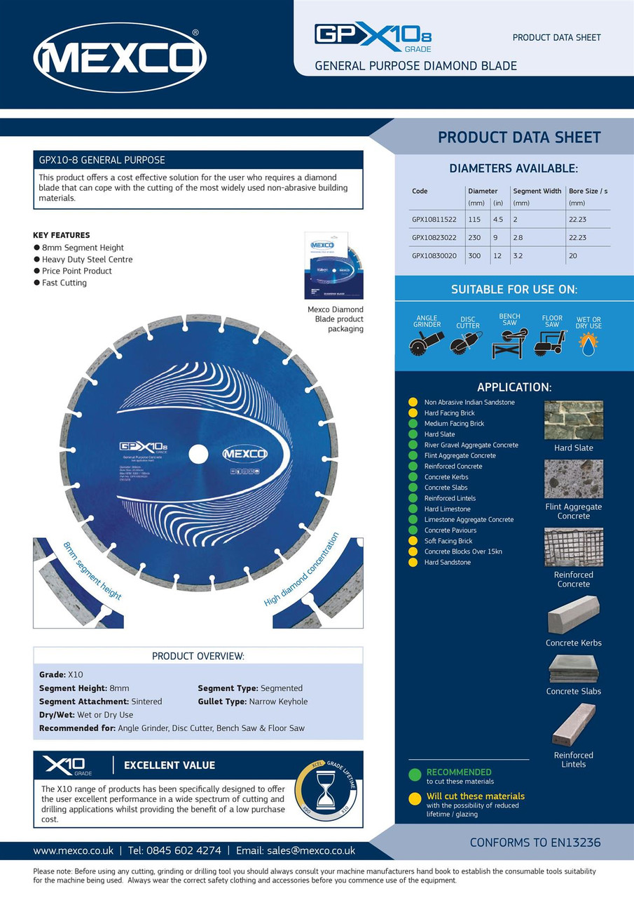 Mexco GPX10811522 115MM 22.23MM Bore (8MM Segment Height) Concrete X10 Grade Diamond Blade - 10 blades