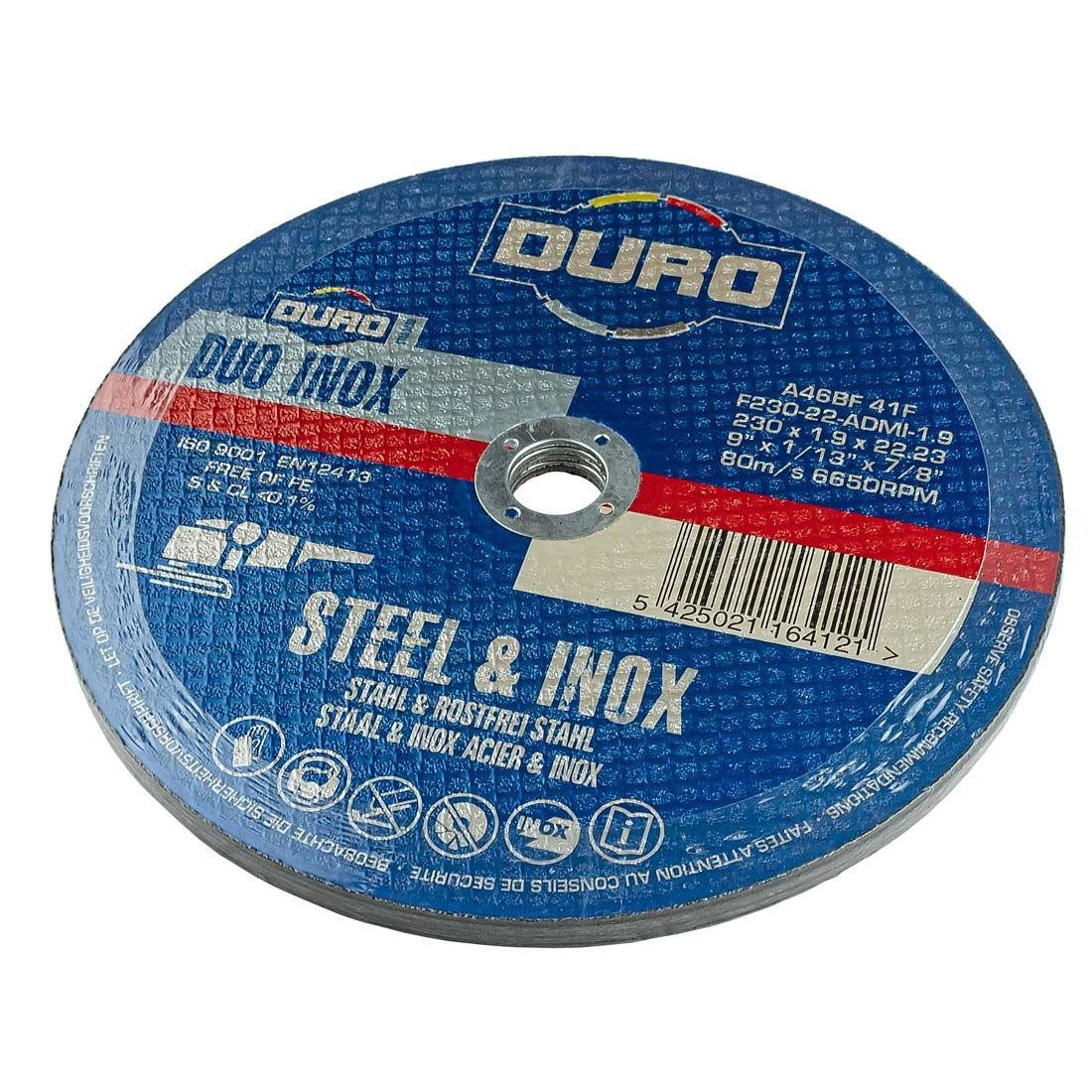 DURO 230mm  9" x 1.9mm Steel & Inox Flat Cutting Discs x 5