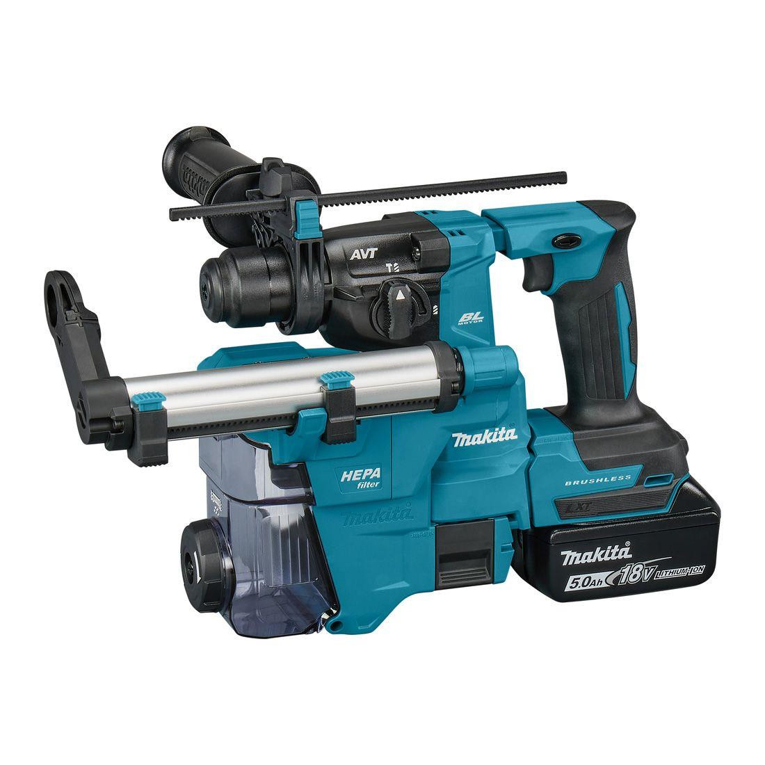 Makita DHR183RTWJ 18V LXT SDS+ Rotary Hammer Drill 18mm Inc 2 x 5.0Ah Batteries, DX16 Dust Extractor & Case