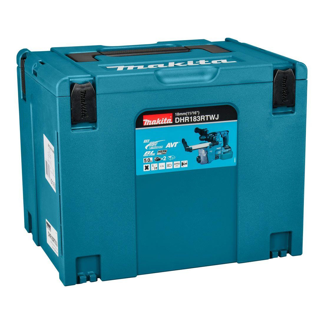 Makita DHR183RTWJ 18V LXT SDS+ Rotary Hammer Drill 18mm Inc 2 x 5.0Ah Batteries, DX16 Dust Extractor & Case