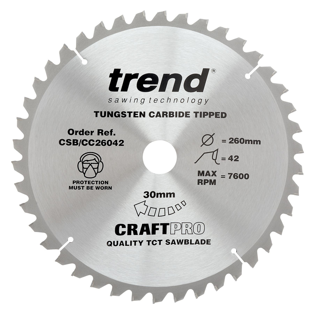 Trend CSB/CC26042 CraftPro 260mm 42T Circular Saw Blade 30mm Bore for General Purpose and Fine Finish Cutting