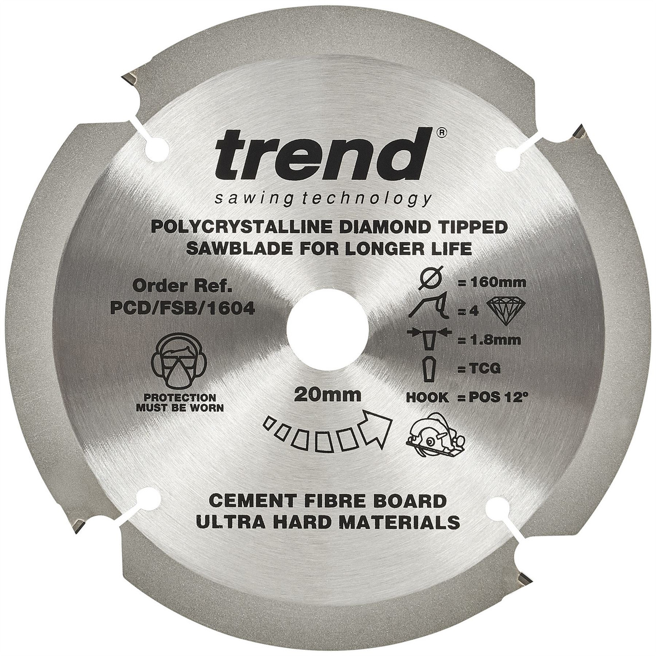 Trend PCD/FSB/1604 PCD Fibreboard 160mm 4T Circular Saw Blade 20mm Bore for Fibre Cement and Abrasive Board Cutting