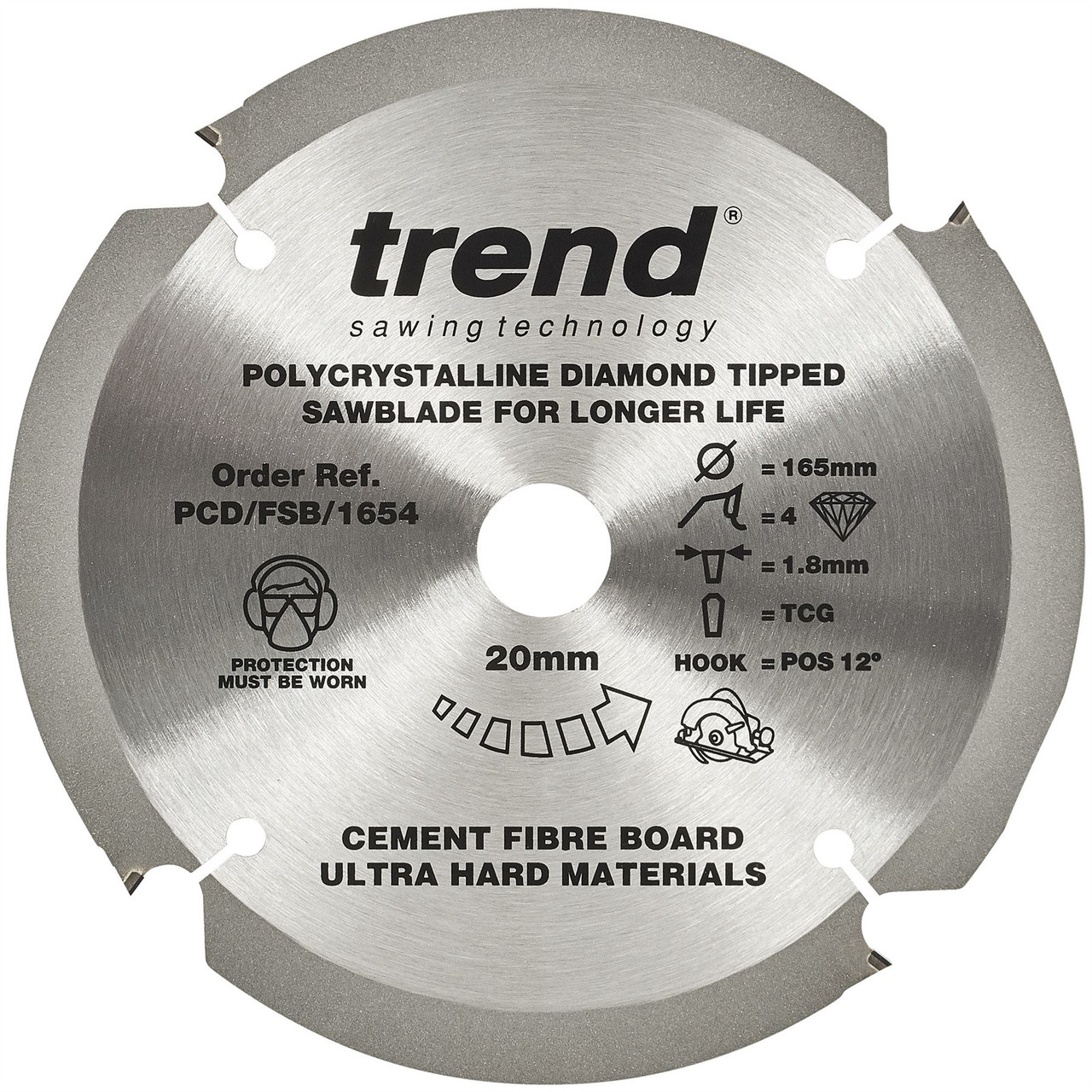 Trend PCD/FSB/1654 PCD Fibreboard 165mm 4T Circular Saw Blade 20mm Bore for Fibre Cement and Abrasive Board Cutting