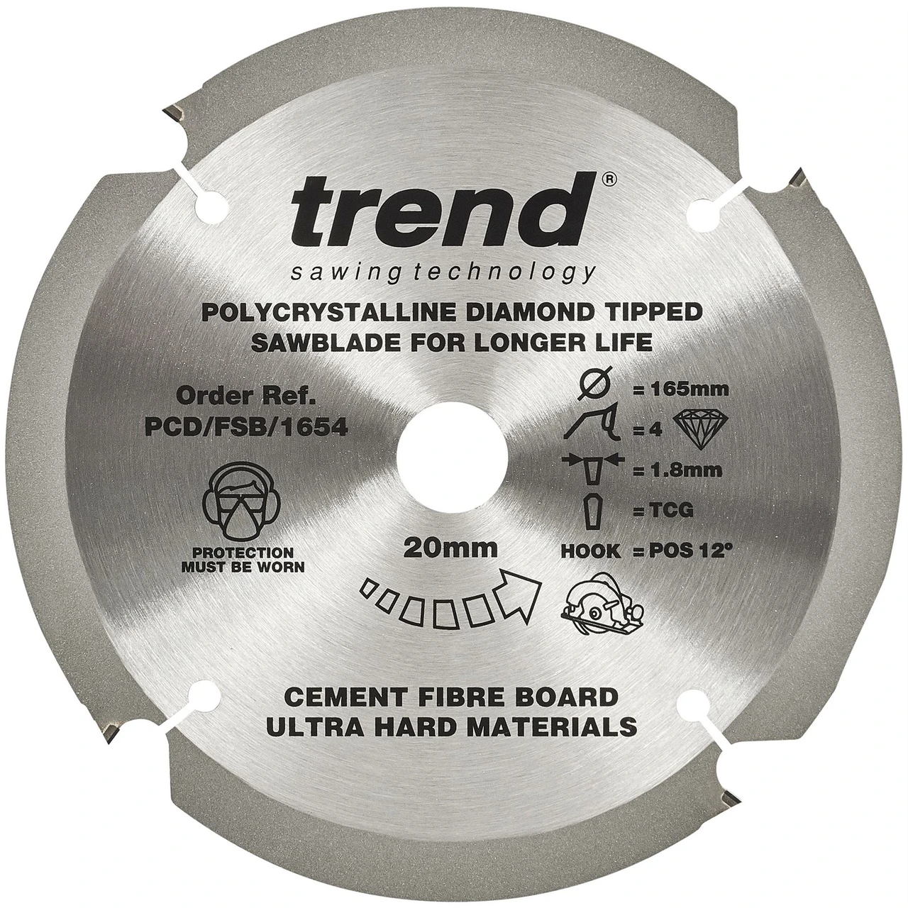 Trend PCD/FSB/1654 PCD Fibreboard 165mm 4T Circular Saw Blade 20mm Bore for Fibre Cement and Abrasive Board Cutting
