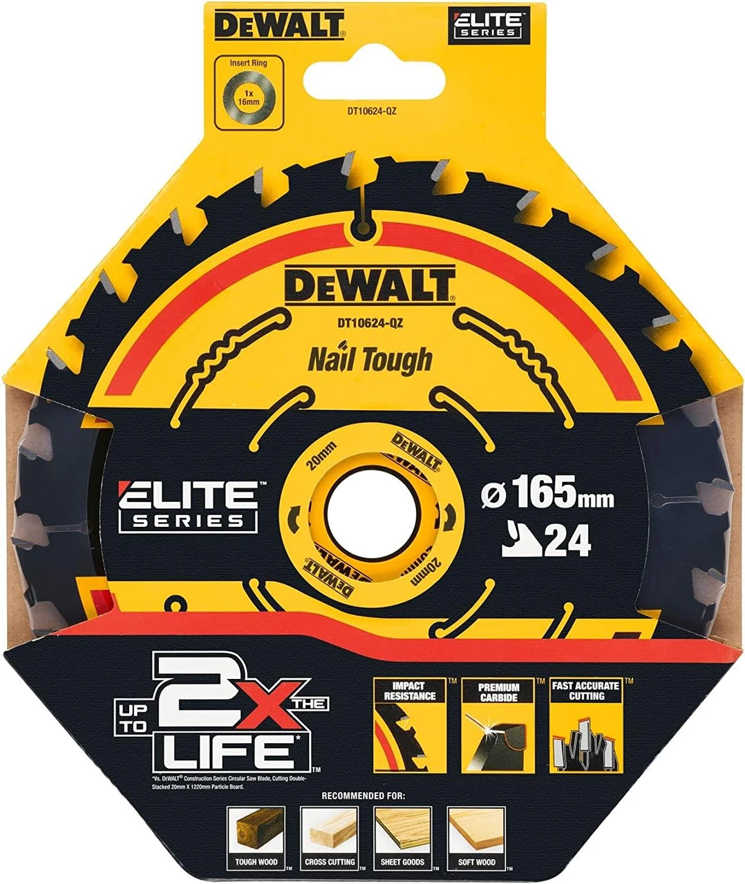 DeWalt DT10624-QZ Elite 165mm x 20mm 24T Circular Saw Blade for Fast Wood Cutting