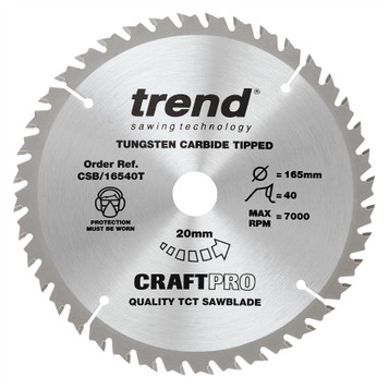 Trend CSB/16540T CraftPro 165mm 40T Circular Saw Blade for General Purpose and Fine Finish Cutting