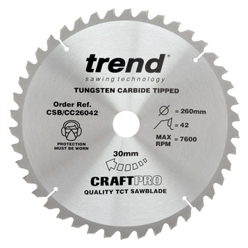 Trend CSB/CC26042 CraftPro 260mm 42T Circular Saw Blade 30mm Bore for General Purpose and Fine Finish Cutting