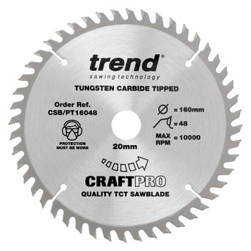 Trend CSB/PT16048 CraftPro 160mm 48T Circular Saw Blade 20mm Bore for General Purpose and Fine Finish Cutting