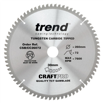 Trend CSB/CC26072 CraftPro 260mm 72T Circular Saw Blade 30mm Bore for Fine Finish Cutting