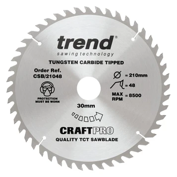 Trend CSB/21048 CraftPro 210mm 48T Circular Saw Blade 30mm Bore for General Purpose and Fine Finish Cutting