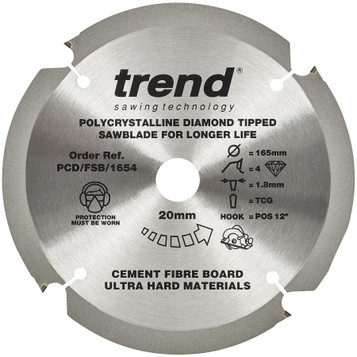 Trend PCD/FSB/1654 PCD Fibreboard 165mm 4T Circular Saw Blade 20mm Bore for Fibre Cement and Abrasive Board Cutting
