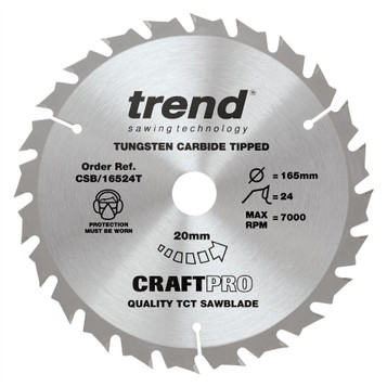 Trend CSB/16524T CraftPro 165mm 24T Circular Saw Blade 20mm Bore for Fast Rip and General Cutting