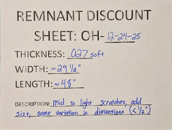 Discounted Zinc Sheet - OH-12-24-25 - .027 soft" x ≈ 29.5" x ≈ 48" (Mid To Light Scratches, Odd Size, Some Variation In Dimensions ± .5" )