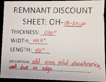 Discounted Zinc Sheet - OH-06-27-25 - .030" x 44.4" x 80" (Small Dent On Edge, Odd Size, Mild Discoloration)