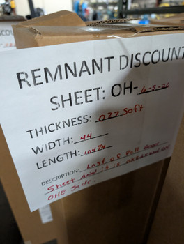 Discounted Zinc Sheet - OH-06-5-26  .027 soft" x 44" x 104.25" (End of Coil/Oxidized)