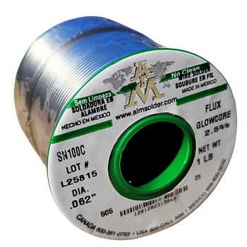 AIM Solder SN100C-062-GLOW CORE-2.5 - Solder Wire, No Clean, Lead Free, SN100C, 2.5%, Glow Core Series