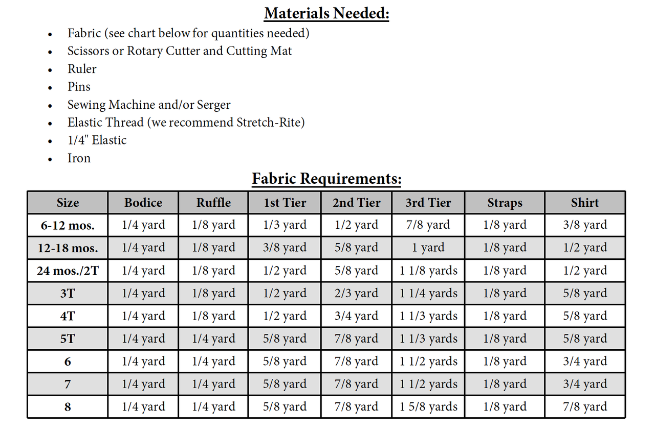 Sew Sassy Size Chart