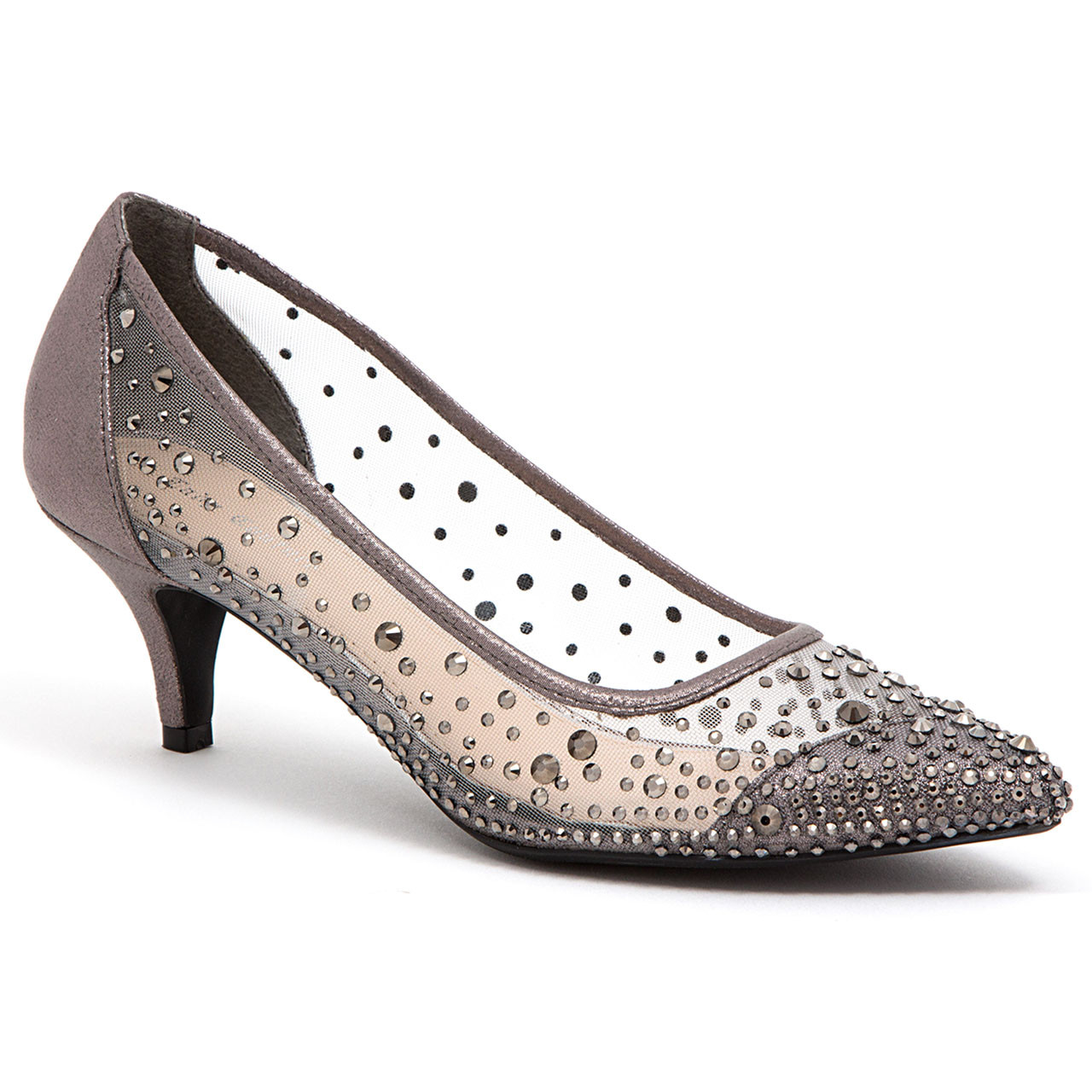 Lady Couture Silk Pewter Embellished Kitten Heels