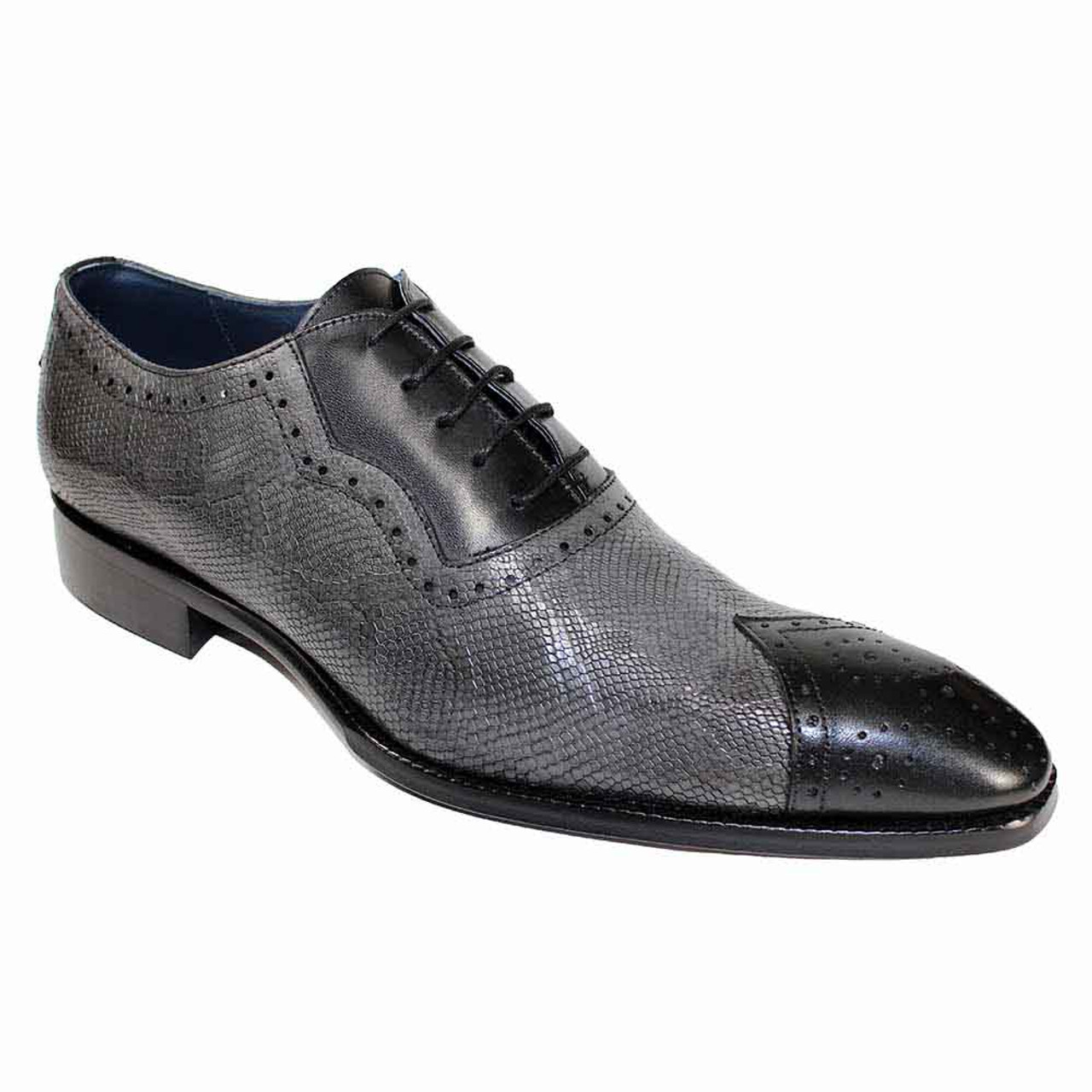 Duca MARINO Black-Grey Chisel Toe Snake Print Men's Oxfords