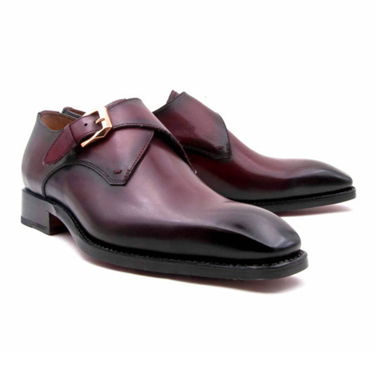 Ugo Vasare Men's Burgundy Edward Sr Goodyear Welt Construction Monk Strap  Shoes