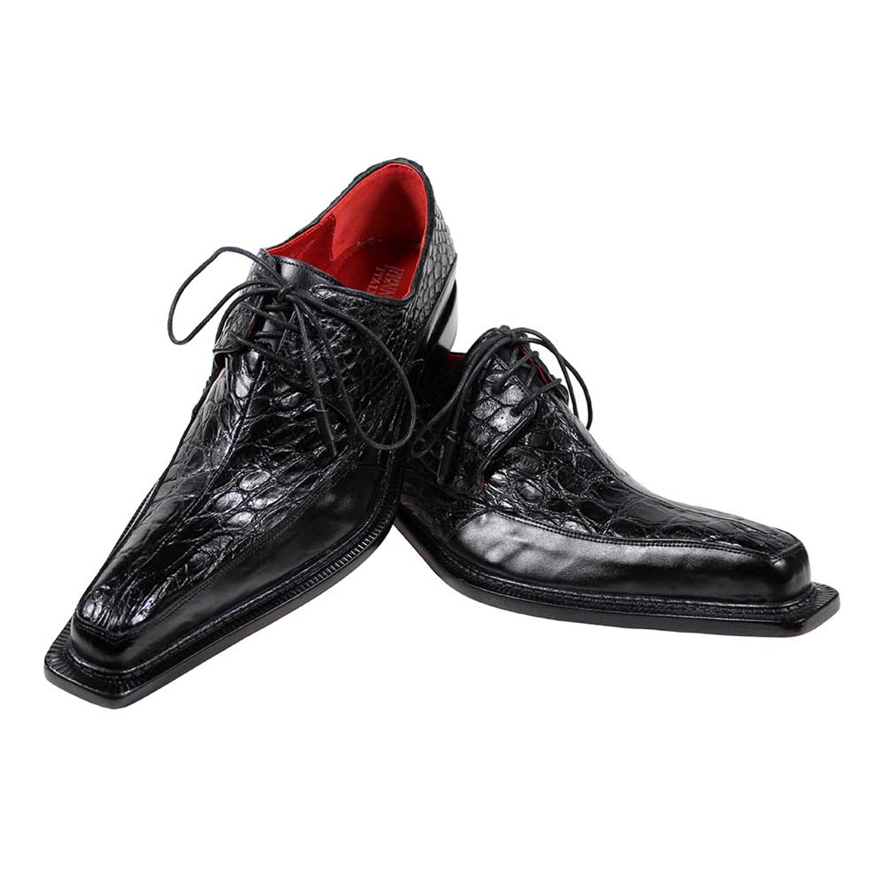 Black red crocodile skin pattern leather derby dress shoe