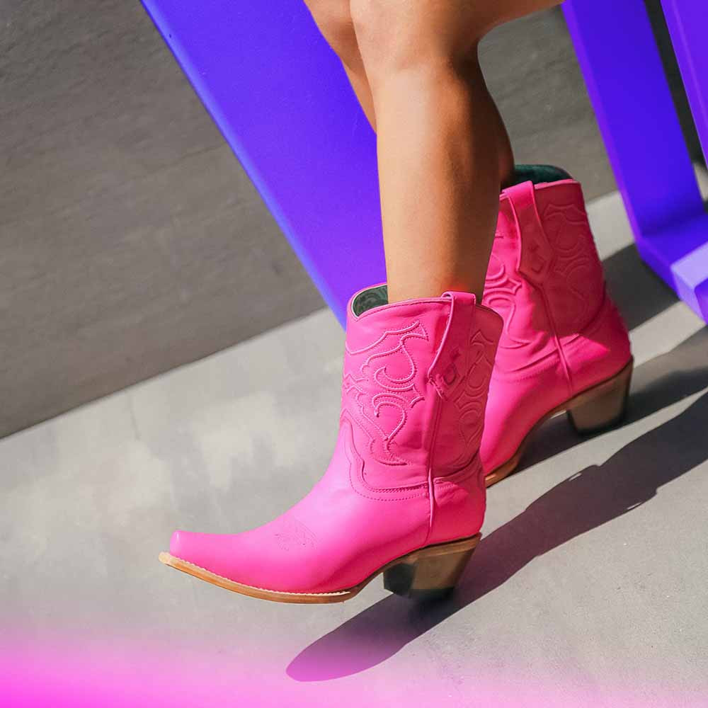 Corral Hot Pink Embroidered Cowhide Booties - Main Image