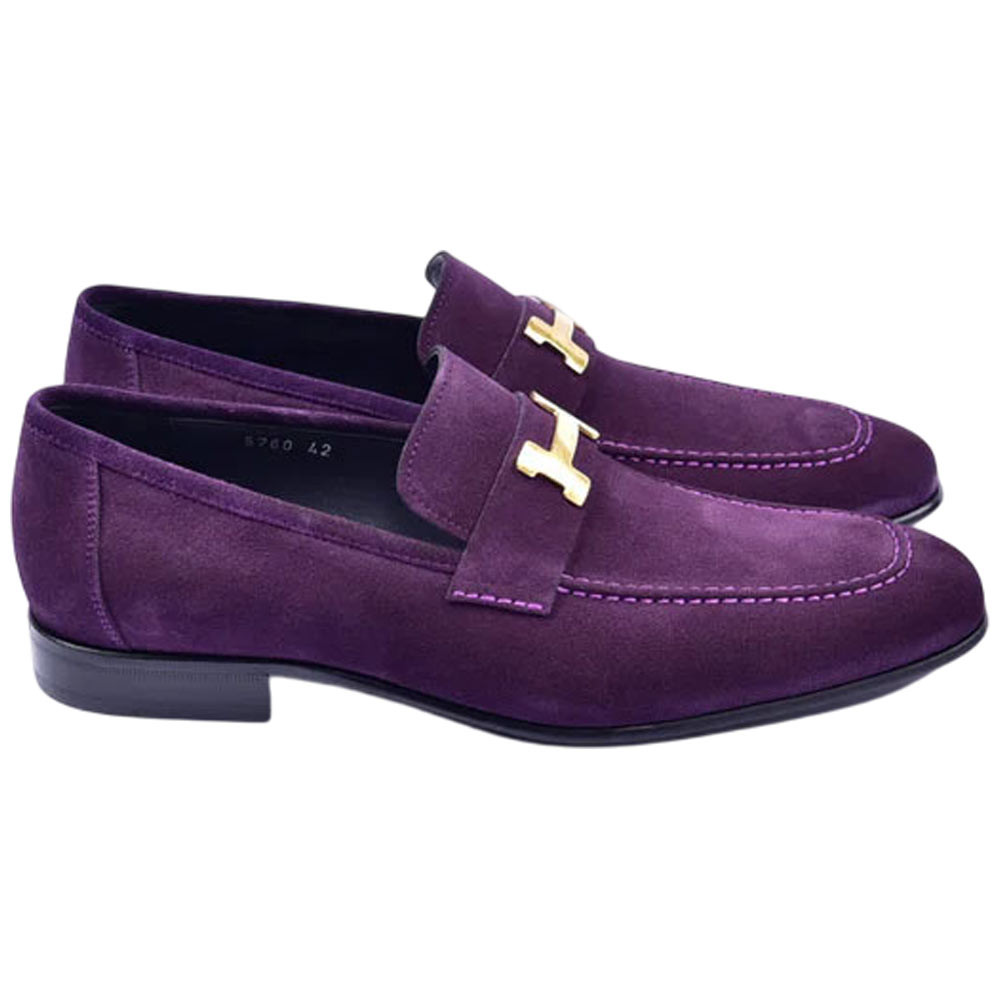 Corrente Men's H Buckle Almond Toe Purple Premium Suede Leather Loafer