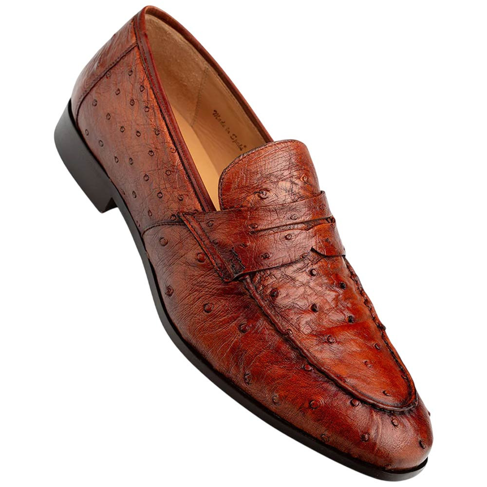 Mezlan Nogale Brandy Ostrich Leather Moc Toe Penny Loafers