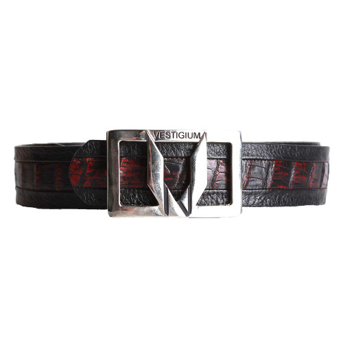 Vestigium Black & Cherry Genuine Caiman Belly & Calf Leather Dress Belt with Silver Buckle