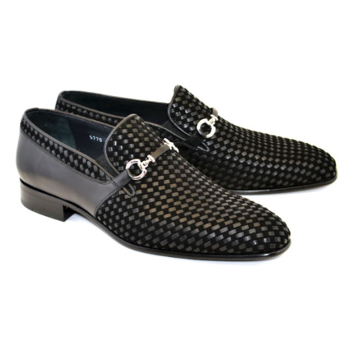 Corrente Black Woven Calfskin Leather Mens Slip On Loafer