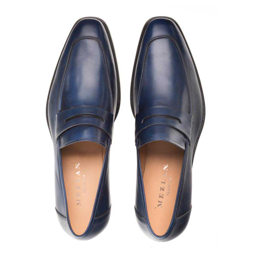 Mezlan Navy Burnished Calfskin Penny Loafer Mezlan Navy Burnished Calfskin Penny Loafer