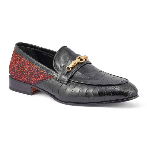 Mauri Men's Black & Coral Red Exotic Ostrich Leg and Matahari Fabric Horsebit Monet Loafers