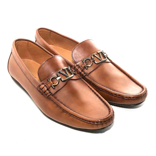 Sigotto Uomo Tan Soft Leather Driving Loafer with V Logo 