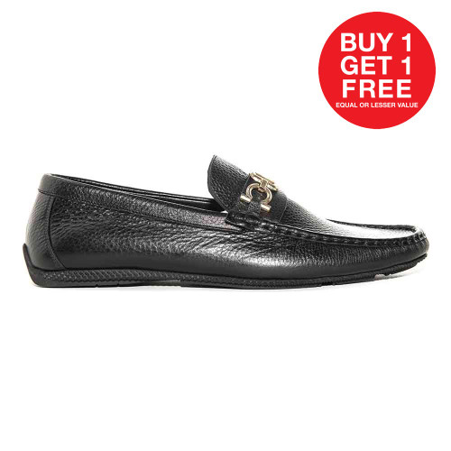 Sigotto Uomo Black Soft Leather Driving Loafer with V  Logo